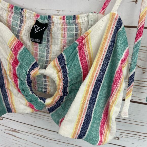 Windsor M Multicolor Stripe Sweetheart Neck Tie Straps Smocked Crop Top - Picture 5 of 9
